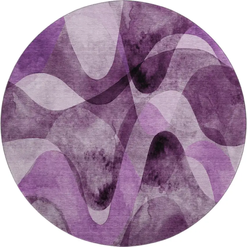 8' Purple And Ivory Abstract Washable Round Rug With UV Protection Photo 1