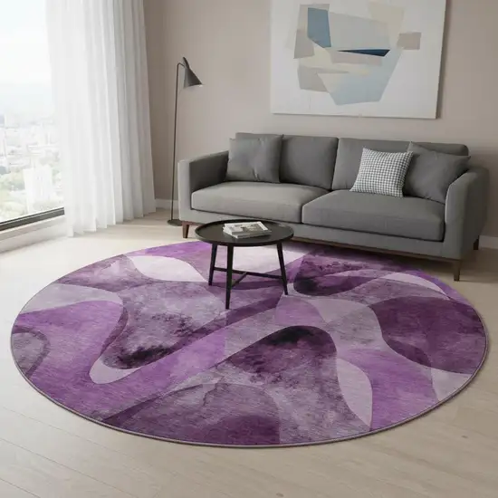 8' Purple And Ivory Abstract Washable Round Rug With UV Protection Photo 2