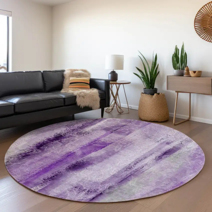 8' Purple And Ivory Abstract Washable Round Rug With UV Protection Photo 5
