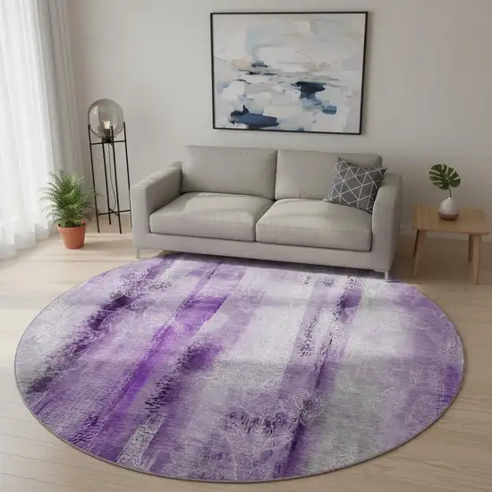 8' Purple And Ivory Abstract Washable Round Rug With UV Protection Photo 2