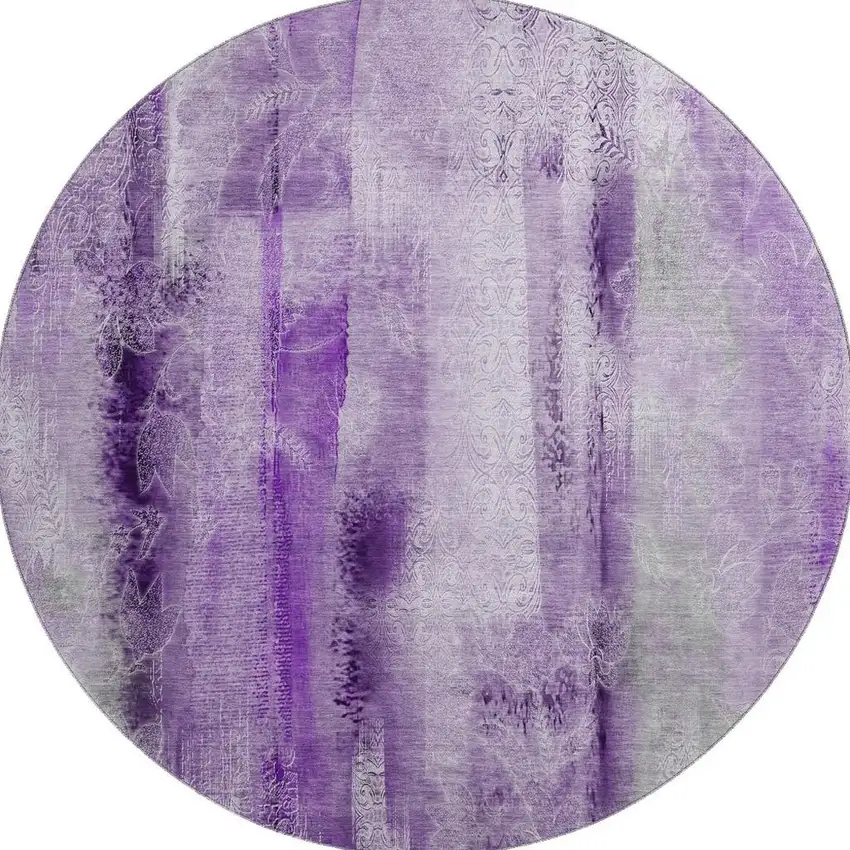 8' Purple And Ivory Abstract Washable Round Rug With UV Protection Photo 4