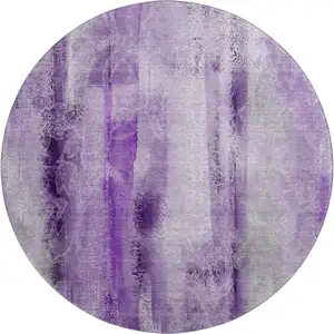Photo of 8' Purple And Ivory Abstract Washable Round Rug With UV Protection