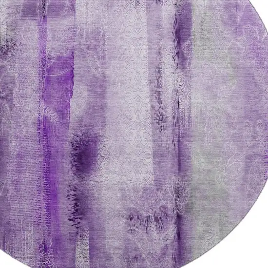 8' Purple And Ivory Abstract Washable Round Rug With UV Protection Photo 3