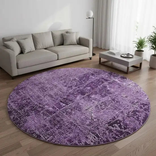8' Purple And Ivory Abstract Washable Round Rug With UV Protection Photo 2