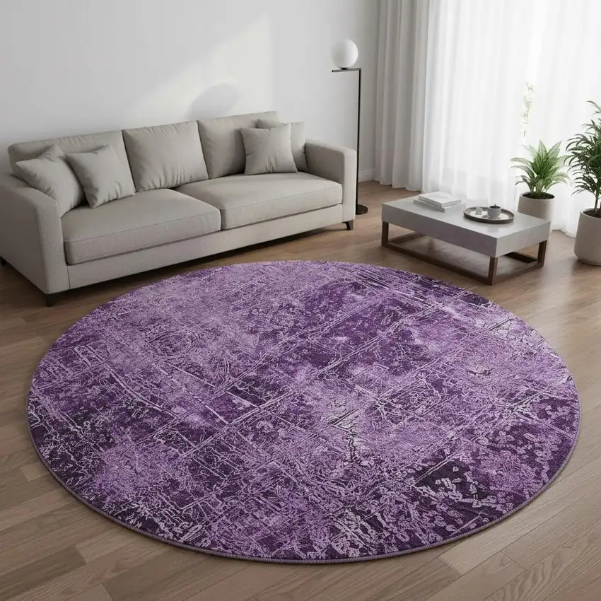 8' Purple And Ivory Abstract Washable Round Rug With UV Protection Photo 2