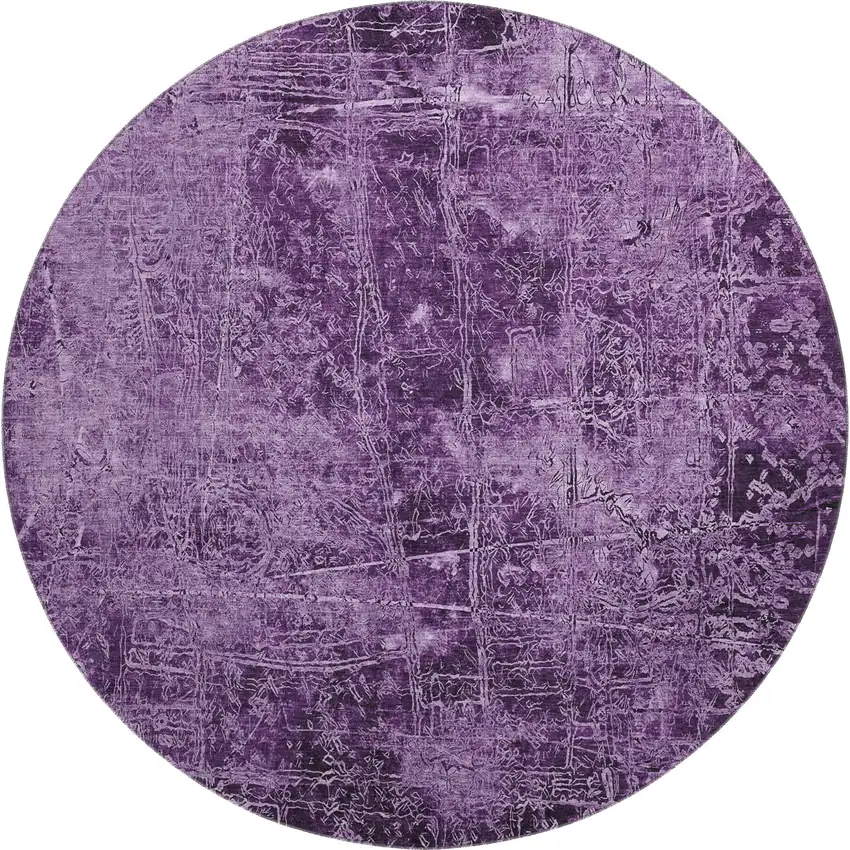 8' Purple And Ivory Abstract Washable Round Rug With UV Protection Photo 1