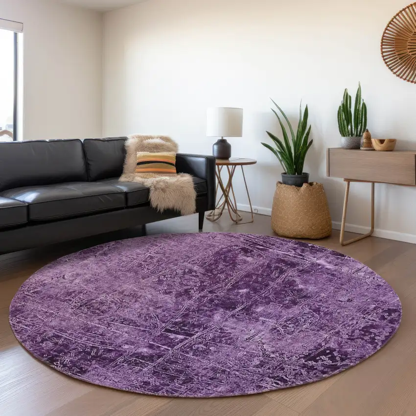 8' Purple And Ivory Abstract Washable Round Rug With UV Protection Photo 5