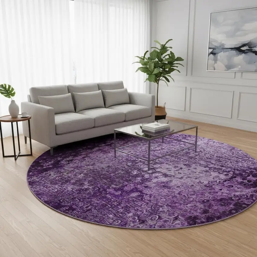 8' Purple And Ivory Abstract Washable Round Rug With UV Protection Photo 2
