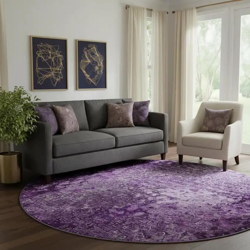 8' Purple And Ivory Abstract Washable Round Rug With UV Protection Photo 1