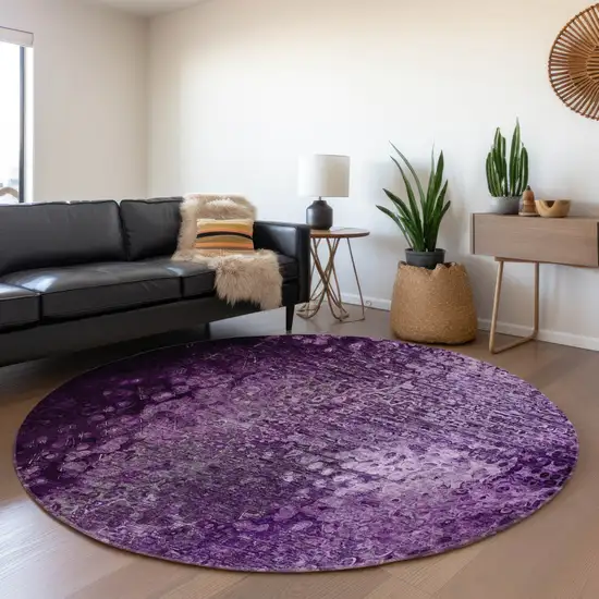 8' Purple And Ivory Abstract Washable Round Rug With UV Protection Photo 4