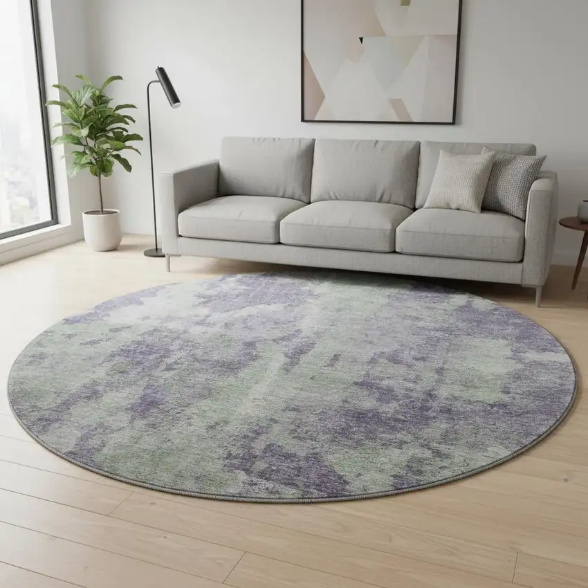 8' Purple And Ivory Abstract Washable Round Rug With UV Protection Photo 2