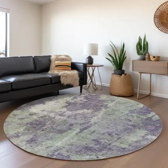 8' Purple And Ivory Abstract Washable Round Rug With UV Protection Photo 5