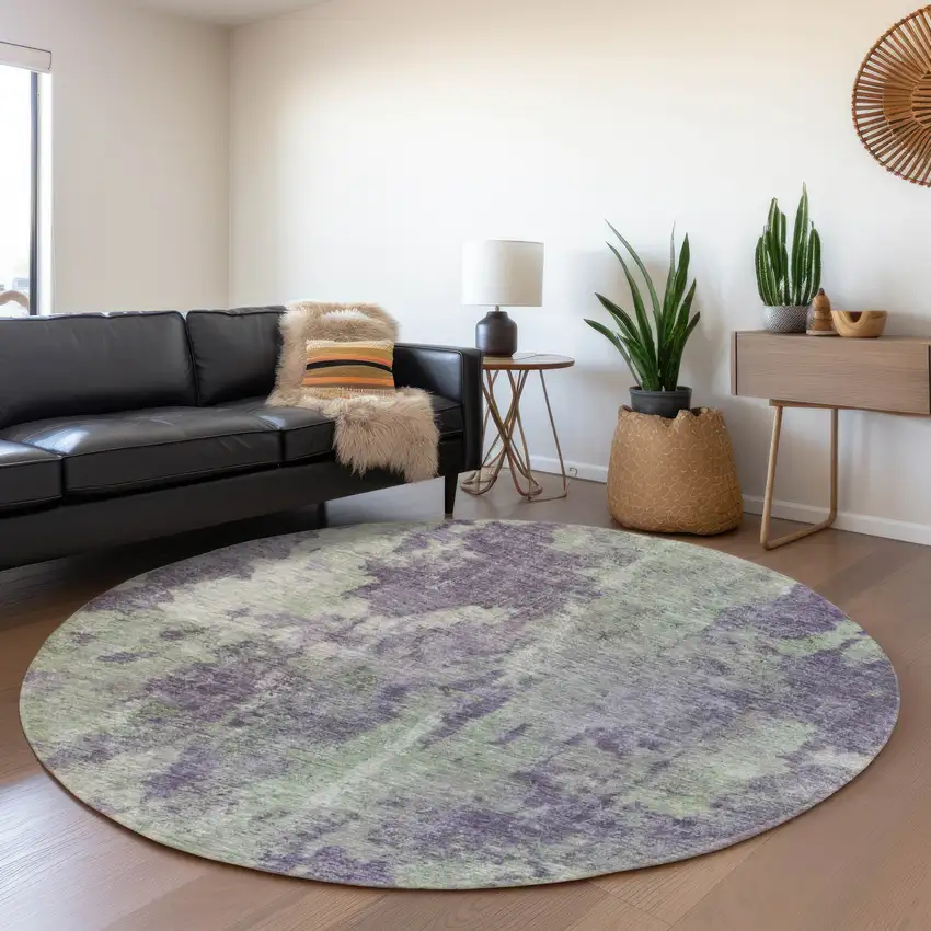 8' Purple And Ivory Abstract Washable Round Rug With UV Protection Photo 5