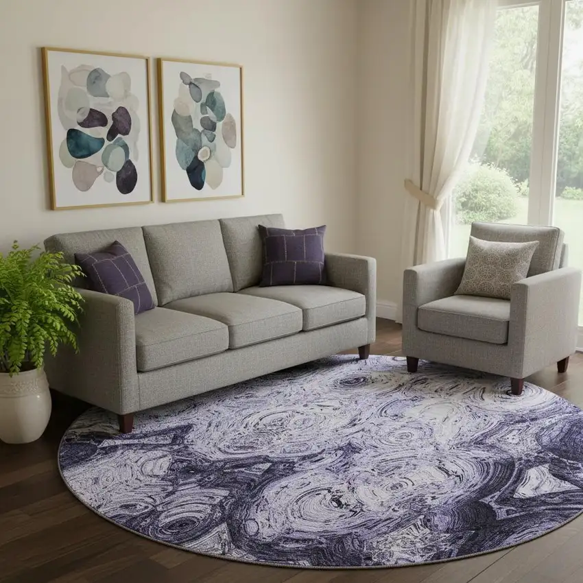 8' Purple And Ivory Abstract Washable Round Rug With UV Protection Photo 1