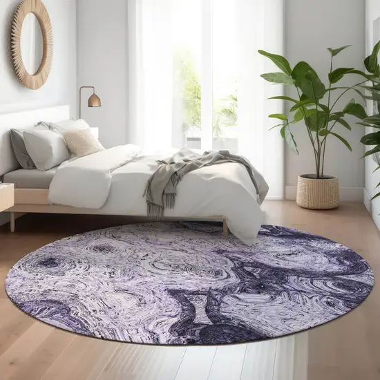 8' Purple And Ivory Abstract Washable Round Rug With UV Protection Photo 5
