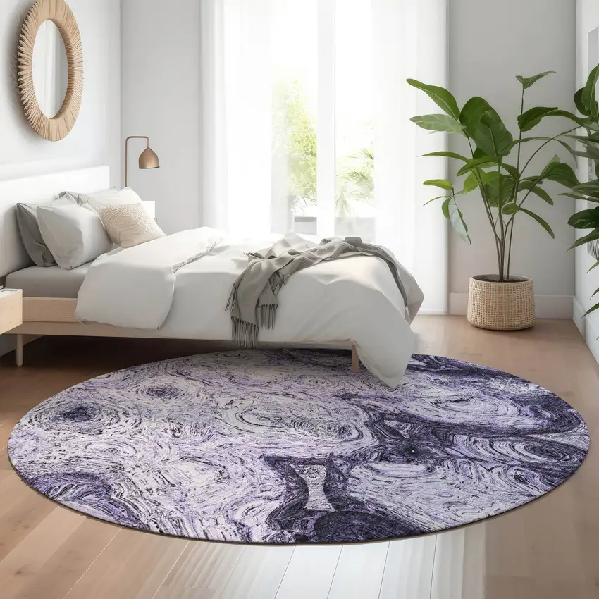 8' Purple And Ivory Abstract Washable Round Rug With UV Protection Photo 5