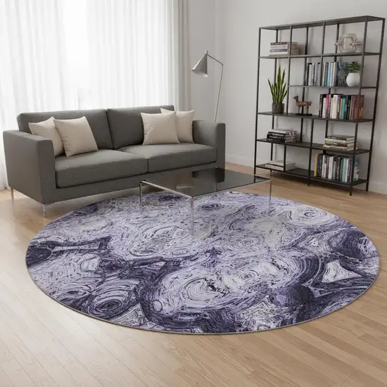 8' Purple And Ivory Abstract Washable Round Rug With UV Protection Photo 2
