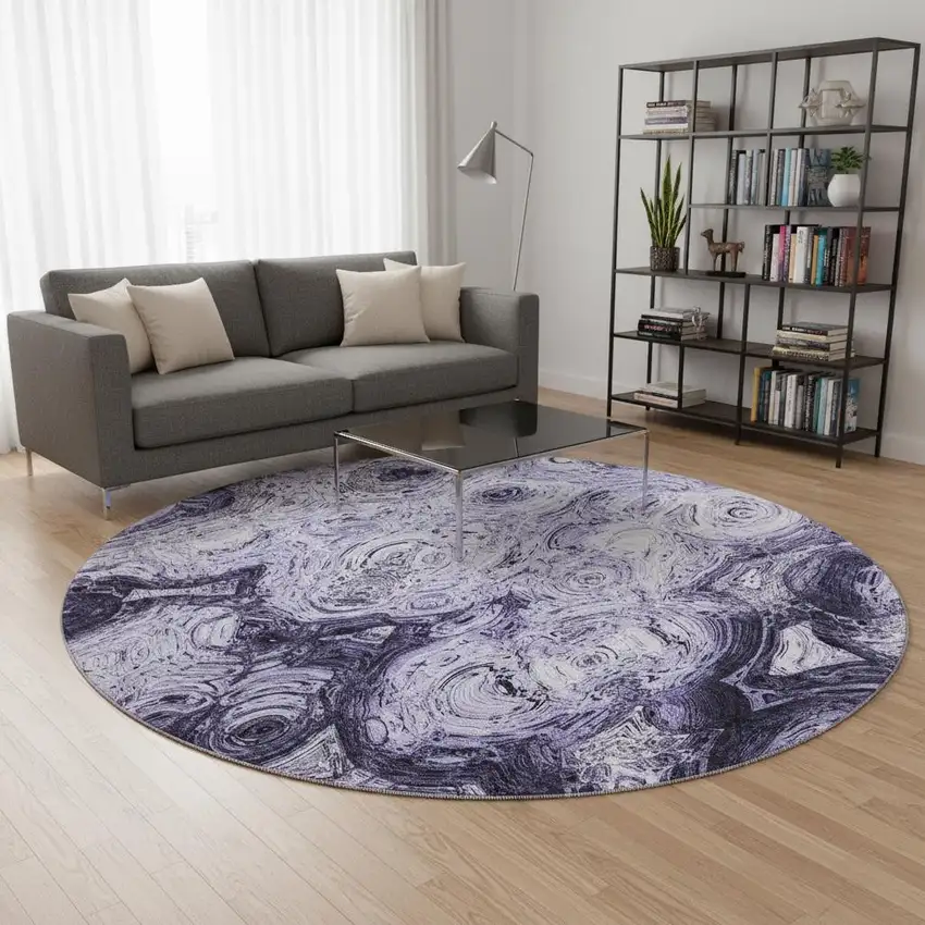 8' Purple And Ivory Abstract Washable Round Rug With UV Protection Photo 2