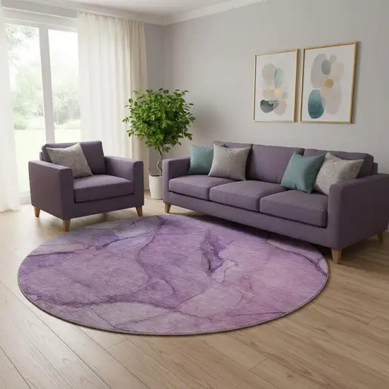 8' Purple And Ivory Abstract Washable Round Rug With UV Protection Photo 1