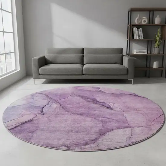 8' Purple And Ivory Abstract Washable Round Rug With UV Protection Photo 2