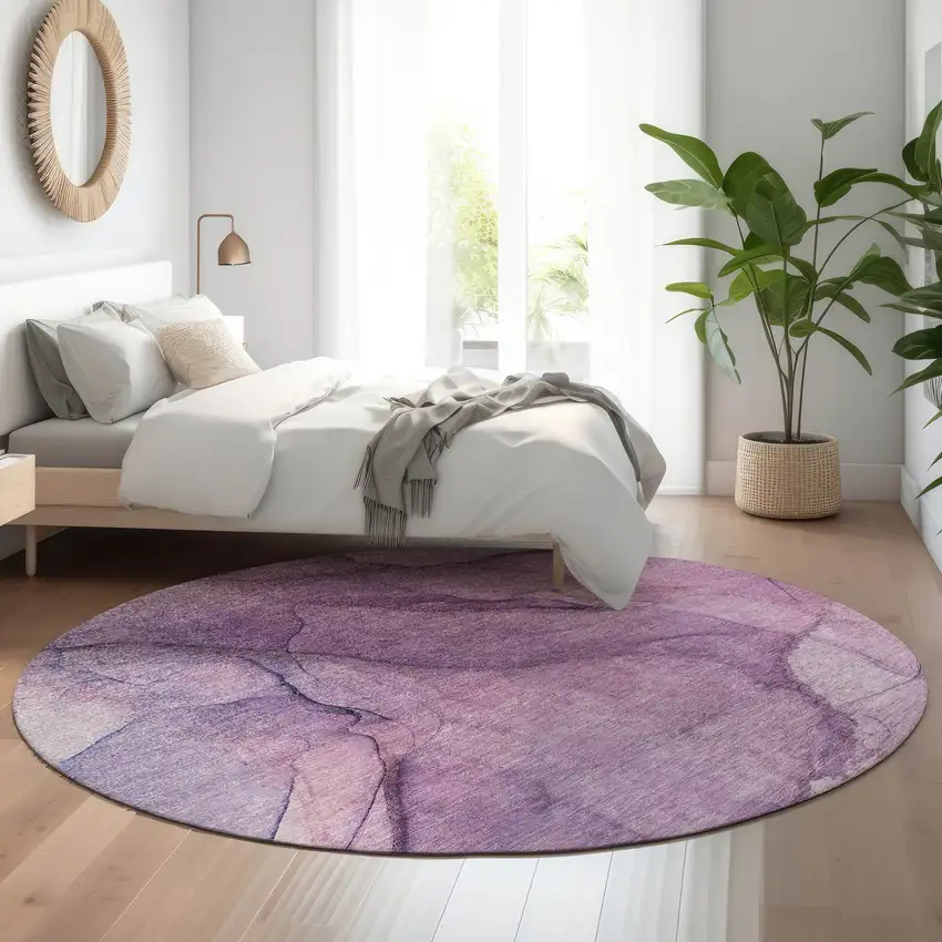 8' Purple And Ivory Abstract Washable Round Rug With UV Protection Photo 5