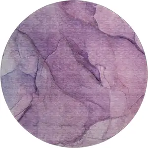 Photo of 8' Purple And Ivory Abstract Washable Round Rug With UV Protection