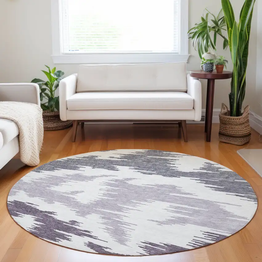 8' Purple And Ivory Abstract Washable Round Rug With UV Protection Photo 4