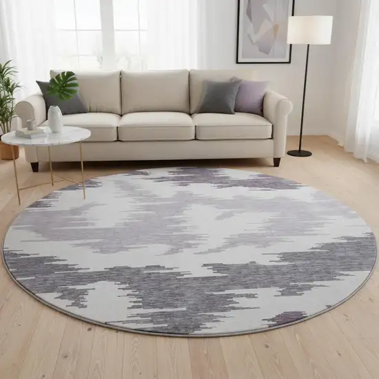 8' Purple And Ivory Abstract Washable Round Rug With UV Protection Photo 2