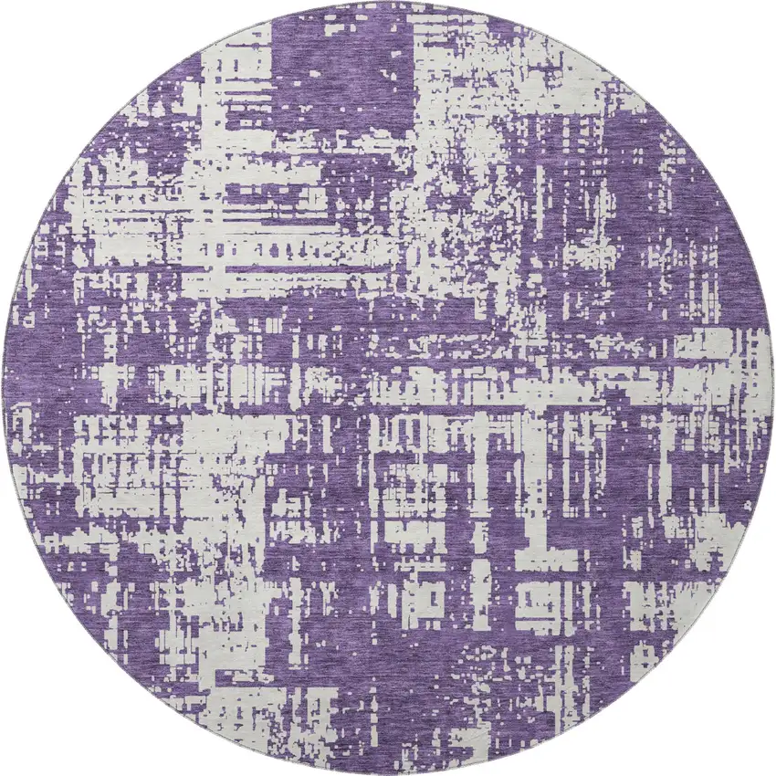 8' Purple And Ivory Abstract Washable Round Rug With UV Protection Photo 4