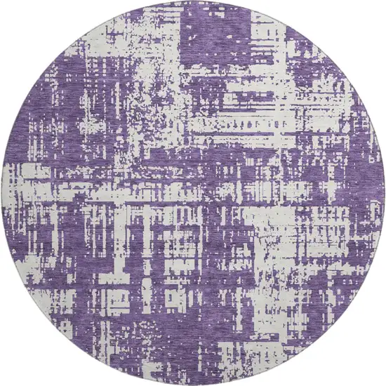 8' Purple And Ivory Abstract Washable Round Rug With UV Protection Photo 1