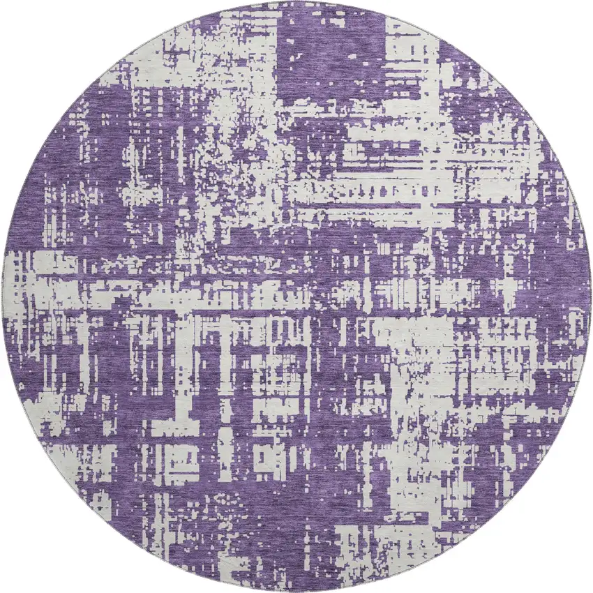8' Purple And Ivory Abstract Washable Round Rug With UV Protection Photo 1