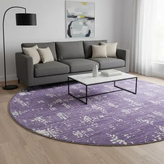 8' Purple And Ivory Abstract Washable Round Rug With UV Protection Photo 2