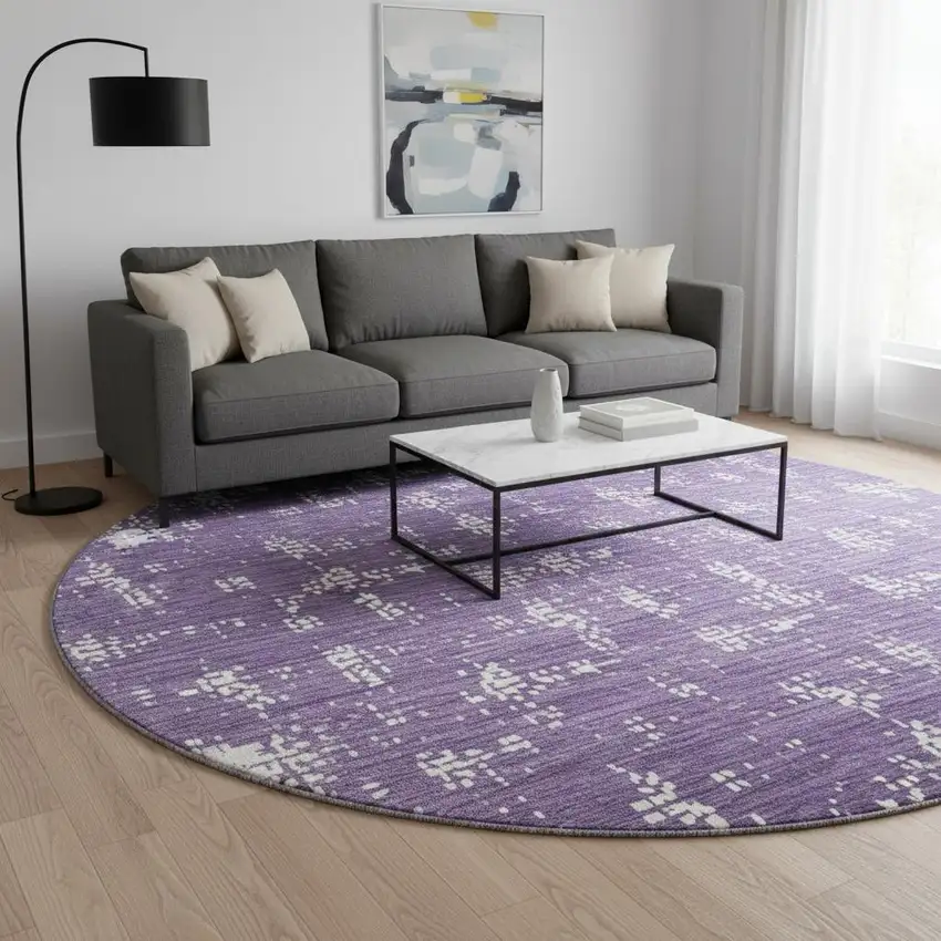 8' Purple And Ivory Abstract Washable Round Rug With UV Protection Photo 2