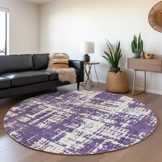 8' Purple And Ivory Abstract Washable Round Rug With UV Protection Photo 5