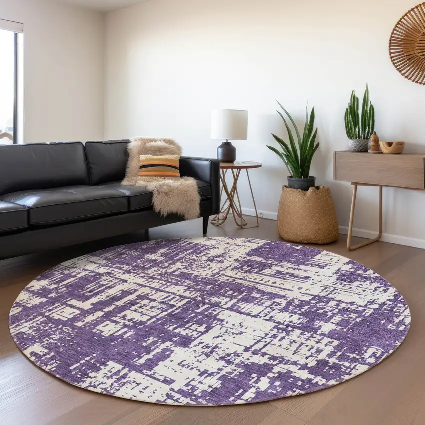 8' Purple And Ivory Abstract Washable Round Rug With UV Protection Photo 5