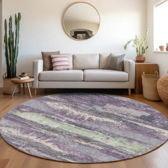 8' Purple And Ivory Abstract Washable Round Rug With UV Protection Photo 4