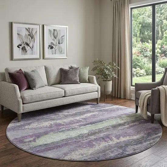 8' Purple And Ivory Abstract Washable Round Rug With UV Protection Photo 1
