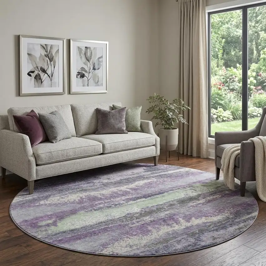 8' Purple And Ivory Abstract Washable Round Rug With UV Protection Photo 1