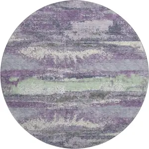 Photo of 8' Purple And Ivory Abstract Washable Round Rug With UV Protection