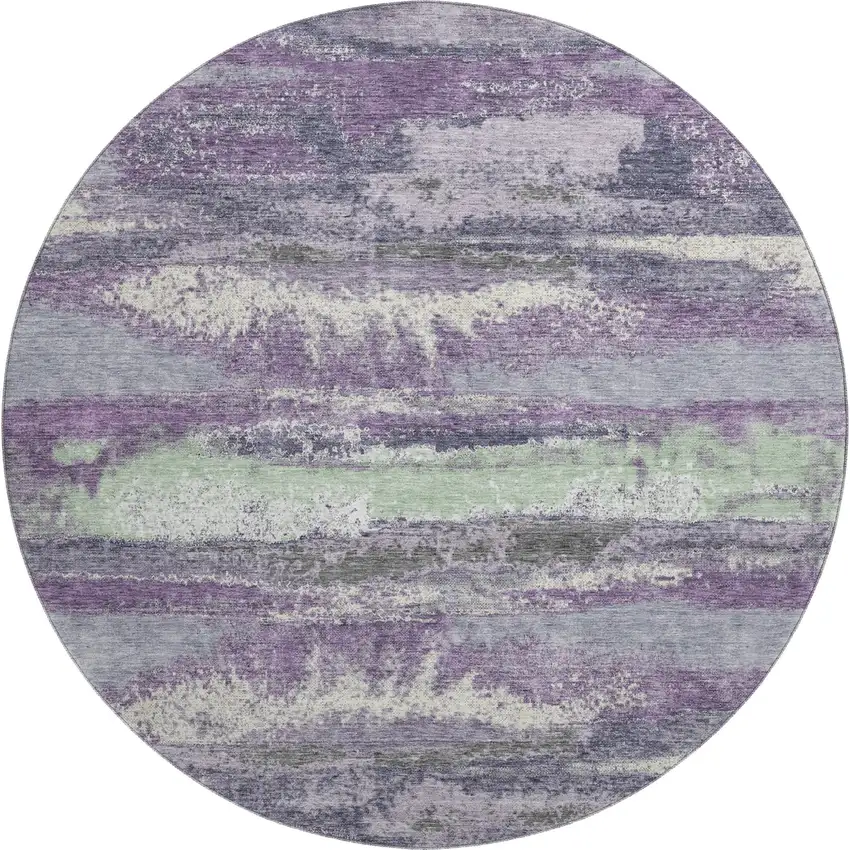 8' Purple And Ivory Abstract Washable Round Rug With UV Protection Photo 1