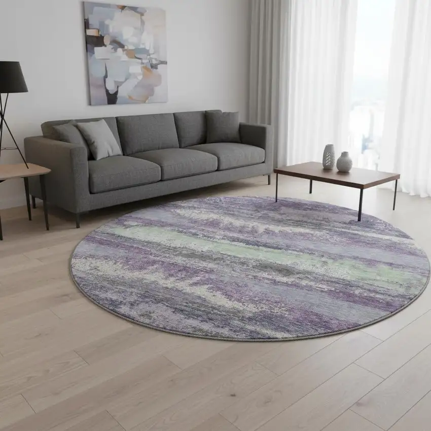 8' Purple And Ivory Abstract Washable Round Rug With UV Protection Photo 2
