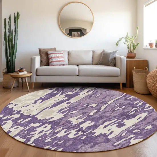 8' Purple And Ivory Abstract Washable Round Rug With UV Protection Photo 4