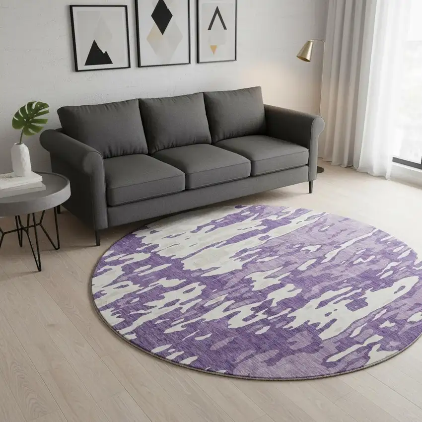 8' Purple And Ivory Abstract Washable Round Rug With UV Protection Photo 2