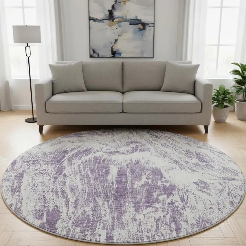 8' Purple And Ivory Abstract Washable Round Rug With UV Protection Photo 2