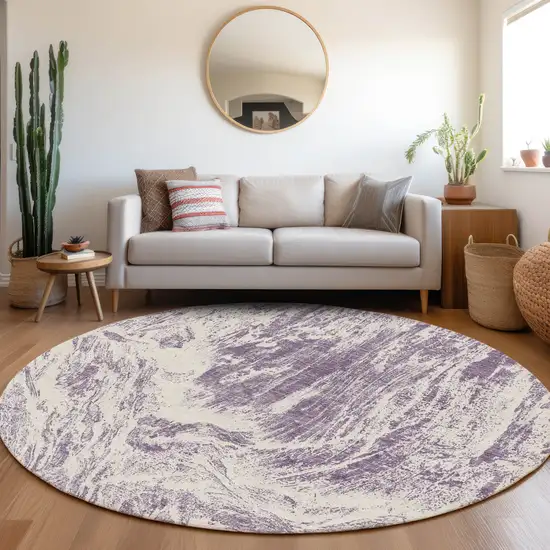 8' Purple And Ivory Abstract Washable Round Rug With UV Protection Photo 4