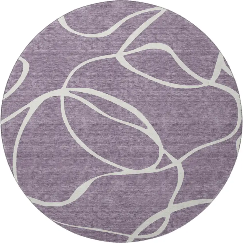 8' Purple And Ivory Abstract Washable Round Rug With UV Protection Photo 3