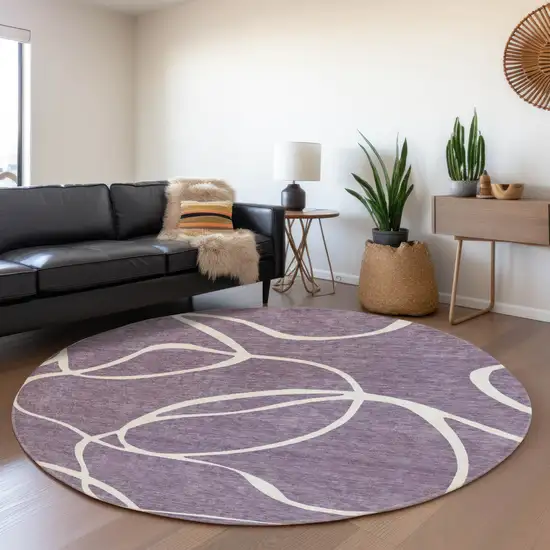 8' Purple And Ivory Abstract Washable Round Rug With UV Protection Photo 4