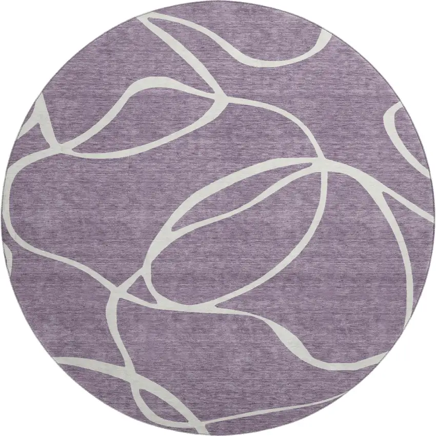 8' Purple And Ivory Abstract Washable Round Rug With UV Protection Photo 1