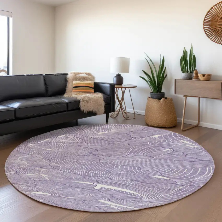 8' Purple And Ivory Abstract Washable Round Rug With UV Protection Photo 3