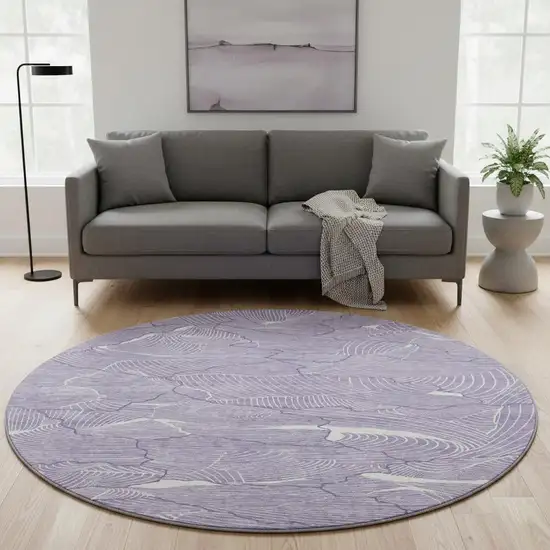 8' Purple And Ivory Abstract Washable Round Rug With UV Protection Photo 2